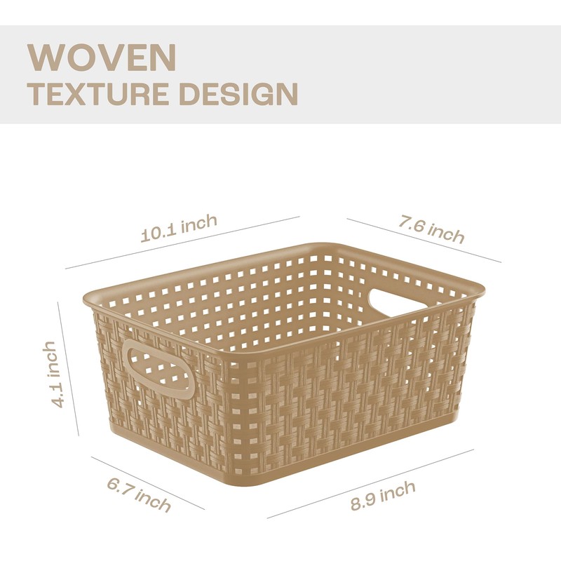 Khaki Stackable Storage Baskets, Plastic Weave Basket Organizer and Storage