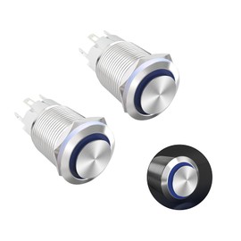 Ohamtes Latching Push Button Switch 12V 24V Waterproof Stainless Steel Metal 3/4" Mounting Hole Blue LED SPST Switch for Electrical Equipment, 2 Pcs, High Round