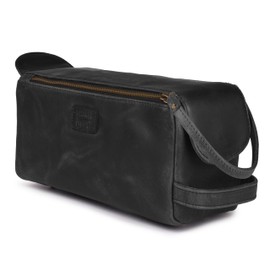 LEATHER VILLAGE Premium Leather Toiletry Bag - Distressed Black - Unisex Water-Resistant Travel Dopp Kit, Shaving & Cosmetic Organizer for Men & Women - Compact Bathroom Essentials