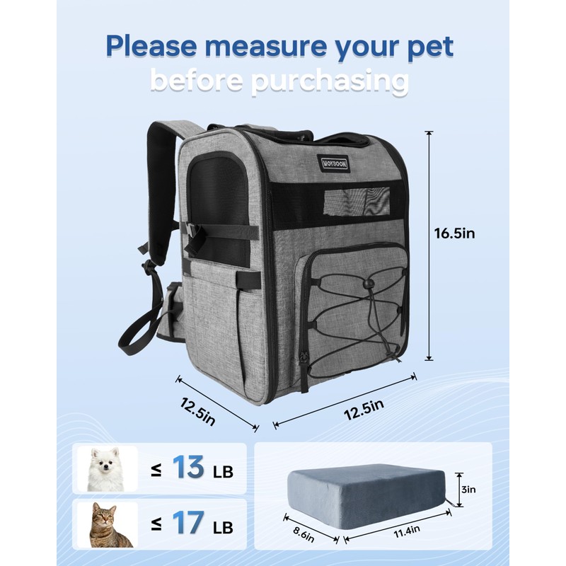 Hiking Dog Carrier Backpack, Padded Height-Enhancing Design, Adjustable Waist Cushioning