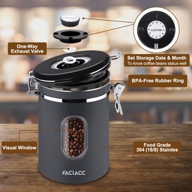 FACIACC Airtight Coffee Canister, 1800ML Stainless Steel Coffee Container with Measuring Scoop & Date Tracker Food Storage Container for Coffee Ground, Tea, Sugar and Nuts