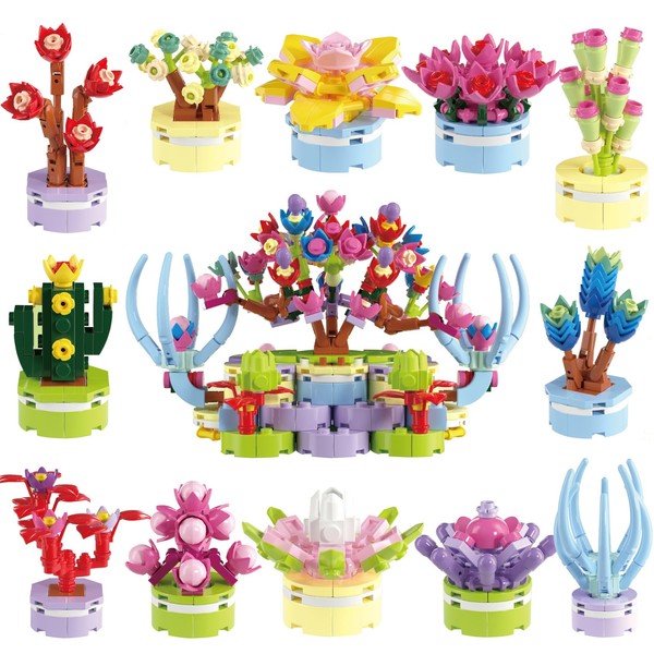 MacMylla 12 Pack Succulent Flower Building Set, Building Blocks Plant