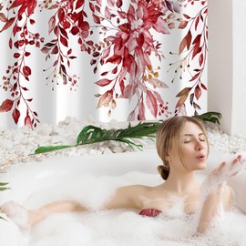 Gibelle Small Stall Shower Curtain 36 x 72, Narrow Half Burgundy Red Floral Shower Curtain for Bathroom, Watercolor Plant Eucalyptus Leaves Fabric Shower Curtain Set with Hooks