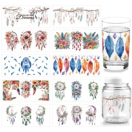 arricraft 10 Sheets Dream Catcher UV DTF Cup Wrap for 16OZ Glass, Feathers Flowers Branches Moons Rub on Decals Dreamful Transfer Stickers for DIY Bottles Wall Window Boho Decor Women