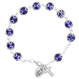 Rosary Decade Bracelet | Glass Beads on Silver-Tone Chain | Miraculous Medal and Cross Charms | Great Catholic Gift for First Holy Communion and Confirmation (Blue)