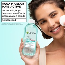 Garnier Skin Active Agua micelar desmaquillante Pure Active para piel mixta y grasa, 400ml. Desmaquilla, limpia y matifica                            