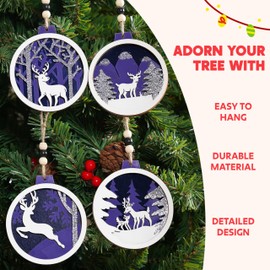 JOIEDOMI 6 Pcs Christmas Hanging Wooden Ornaments, Blue Wood Reindeer Snowflake Ornaments for Christmas Tree Decorations, Carving Wood Rustic Craft Indoor Outdoor Xmas Holidays Winter Hanging Decor