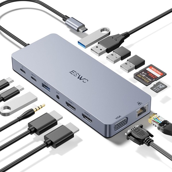 JESWO USB C Hub, 14 en 1 Adaptador USB C