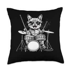 Animal Drummer Apparel Kitten Rock Band Drummer Cat Playing Drums Throw Pillow, 18x18, Multicolor