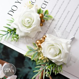 AEDOVE 2 Pcs White Wrist Corsage and Boutonniere Set, Rose Corsage Hand for Women, Boutonniere for Men Wedding Flowers Accessories Prom Decor, Party Suit Decoration (White)