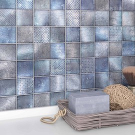 M MOFIT Peel and Stick Kitchen Backsplash Tiles Stickers,Wall Panels Metal Stick on Mosaic Tile Self Adhesive Backsplash Square-10pcs,Blue