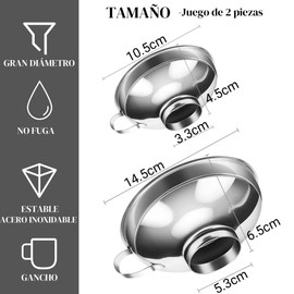 Juego de 2 Embudos de Acero Inoxidable para Conservas - Boca Ancha, Grado Alimenticio con Asa, Líquidos/Mermeladas/Granos/Ingredientes Secos y Húmedos, Accesorio de Cocina para Tarros Mason