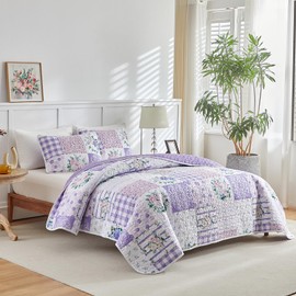 Joyreap 3 Pieces Floral Patchwork Quilt Set California King, 102x114 inches- Purple n Pink Flowers Design, Soft n Cozy Microfiber Quilt, Bedspread Bed Cover for All Season