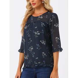 Allegra K Women's Casual Ruffle 3/4 Sleeve Floral Print Chiffon Blouse Large Navy Blue