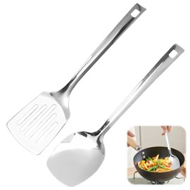 2 Piece Stainless Steel Spatula Set, Solid Stainless Steel Spatula and Slotted Spatula, Metal Spatula with Hanging Holes, Stainless Steel Cooking Utensils for Furniture, Restaurants, Kitchens