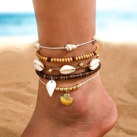 fxmimior 5 Pcs Boho Women Shell Ankle Bracelets Summer Beach Brown Anklet Glitter Tennis Foot Chain Wedding Bling Anklets Accessories for Women