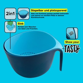 Tasty 2-Piece Plastic Colander with Container, Sieve Strainer, Colander Drainer with Mixing Bowl, Perforated Strainer, Dishwasher Safe, Dimensions: 26 x 24 x 17 cm, Colour: Light & Dark Blue