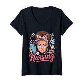 Womens Black Melanin Nurse Afro Hair Pride Nursing Gifts for Women V-Neck T-Shirt