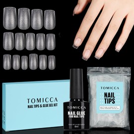 TOMICCA Short Square Nail Tips with Nail Glue Set, Nail Tips for Gel Nails, Full Coverage, Soft & 8 ml Nail Glue Gel Set, Artificial Nail Tips for Nail Studio, Salon, DIY, 150 Pieces, 15 Sizes