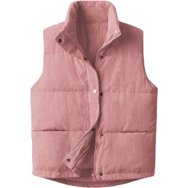 Aisongyuan Womens Corduroy Puffer Vest Stand Collar Zip Snap Button Sleeveless Warm Waistcoat Padded Gilet(Pink,M)