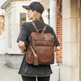 CLUCI Backpack Purse for Women Travel Backpack Leather Large Women Backpack Fashion Designer Lady Shoulder Bags with Tassel Two-toned Brown