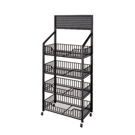 XNKLMYT 4 Tier Retail Display Rack, Metal Snack Rack with Wheels, 24inch Wide Chip Snack Display Stand with 15 Hooks for Kitchen Office Supermarket, Black