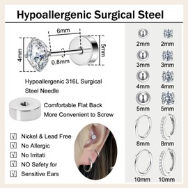 EDLMKM 12 Pairs Stud Hoop Earrings For Women Girls, Hypoallergenic Sterling Silver Post Earrings, Cartilage Tragus Helix Piercing Earring, Flat Back Earrings Set, Silver Post Jewelry Gift For Women