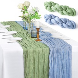 XSEINO 2 Pieces 10FT Sage Green and Dusty Blue Cheesecloth Table Runner Boho Gauze Fabric Table Runner Rustic Sheer Runner for Wedding Birthday Baby Shower Party Boho Table Decoration