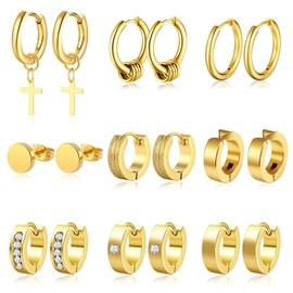 Men's Earrings Set Stainless Steel 9 Pairs Cool Punk Goth Cross Clip Hoop Earrings Fake Earrings Piercing Ear, Stainless Steel, Cubic Zirconia