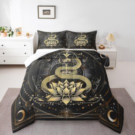 Castle Fairy Lotus and Snake Full Size Comforter Set,Boho Sun Moon Bedding Set for Adults Teens,Children Mysterious Starry Sky Comforter Luxury Golden Quilt Set Room Decor 3Pcs