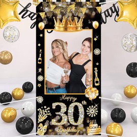 POPOYU 30th Birthday Decorations,Black Gold Birthday Banner Party Photo Booth Props,Giant Fabric 30th Birthday Party Photo Booth Frame,Funny Large Selfie Frame for Men Women Birthday Party Supplies