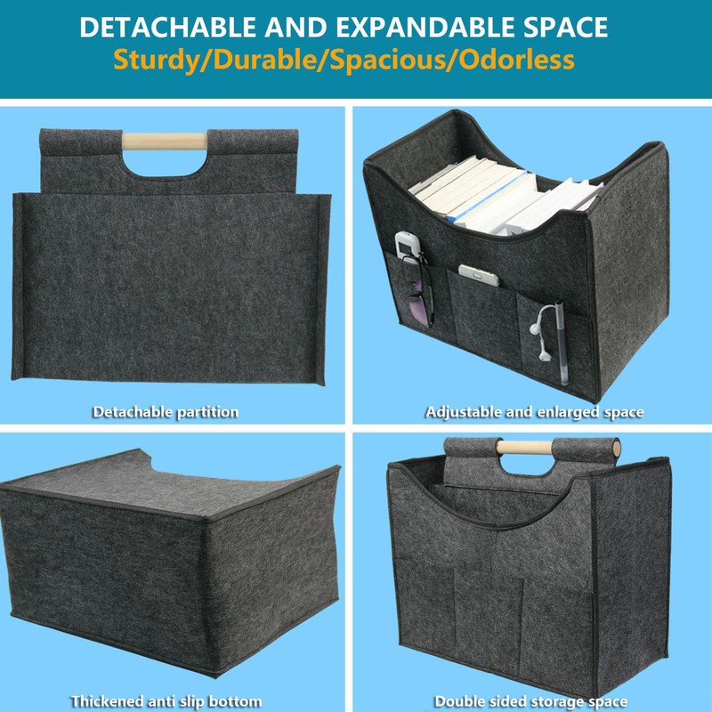 Foldable magazine storage basket, solid wood handle felt organizer, can