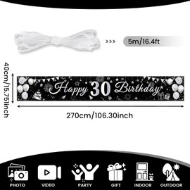 PartyYaa 30th Birthday Banner, 30th Birthday Banner Decoration, Extra Large Happy Birthday Banner Party Photo Booth Background Decoration Sign Poster for Men and Women (Silver Black)