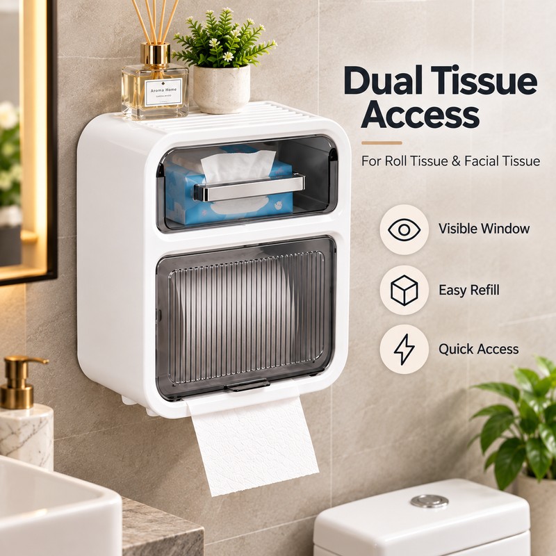 Wall-Mounted Toilet Paper Holder with Drawer – No-Drill Waterproof Tissue