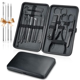 Set de Manicura 22 en 1, Set de Manicura de Acero Inoxidable, Set Profesional de Manicura y Pedicura, Set de Cuidado de Uñas con Estuche de Cuero, Set Portátil de Viaje para Casa（Negro)