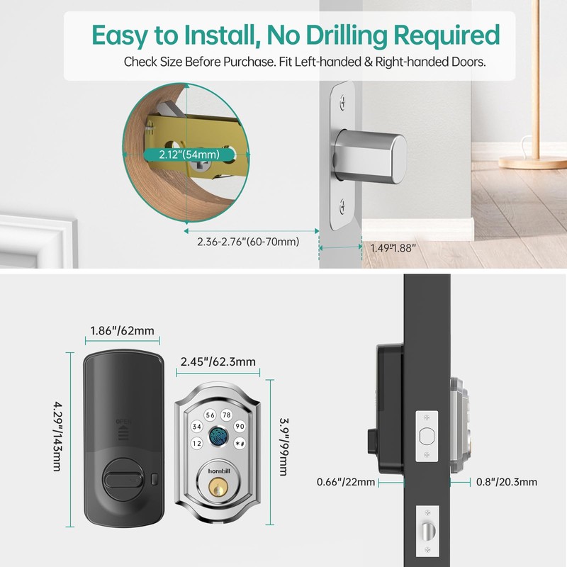 Hornbill Smart Front Door Lock: Silver Fingerprint Electronic Digital Bluetooth