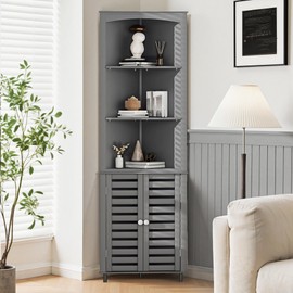 VECELO Bathroom Corner Cabinet, Triangle Open Shelving Shelf, Tall Freestanding Storage Hutch for Kitchen, Living Dining Room with Adjustable Storage Shelves and Doors, Grey
