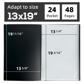 JJRING 13x19 Art Portfolio Folder with Plastic Sleeves, 24-Pocket Portfolio Binder Displaying 48 Pages, Presentation Book with Black Inner Paper for Artwork Storage, Black