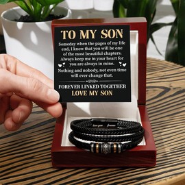 Jewelayer To My Son Love You Forever Bracelet, Braided Leather Bracelets For Men, Mens Leather Bracelet, Thoughtful Gift From Mom And Dad, Graduation, Birthday, Gift (Luxury Box w/LED)