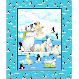 Burr The Polar Bear Panel, Cubs And Penguin Friends Turquoise, Baby Shower Gift Ideas, 100% Quilting Cotton Susybee Fabrics From Clothworks, Panel Size: 36”x44” Inches