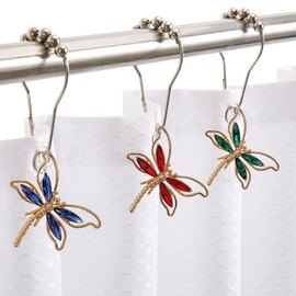 Decorative Shower Curtain Hooks Set of 12 with Multicolored Dragonfly for Bathroom Shower Rod, Stainless Steel Rust-Proof Shower Hook Rings for Gardens, Country Farms Themed Bathroom Decor