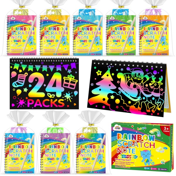 ZMLM Rainbow Scratch Party Favors Kids: Christmas Gifts Toy Bulk Scratch Art Notebook 24 Pack Scratch Paper Birthday Party Favor Girls Boys Art Craft Kit Scratch Pads Classroom Prizes