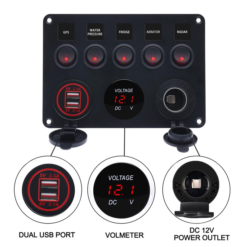 5 Gang Marine Toggle Switches Waterproof Rocker Switch Panel for
