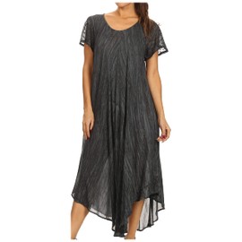 Sakkas 14802 - Faye Cap Sleeved Cotton Caftan Cover Up Dress - Black - OS