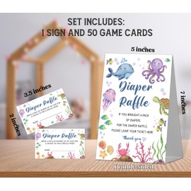 Baby Shower Diaper Raffle Game, 1 Standing Sign with 50 Diaper Raffle Tickets, Ocean Under The Sea Diaper Raffle Tickets for Baby Shower, Gender Reveal Party Favor Decorations Supplies(MQ-8-3)