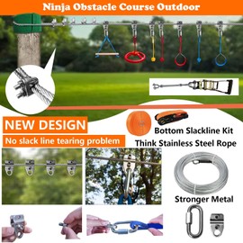 SZHTMZXC 2 x 65FT Ninja Warrior Obstacle Course for Kids Backyard Outdoor, Stainless Steel Rope 500lbs, Ninja Bottom Slackline, Monkey Bars, Climbing Net, Swing (65FT 13Pcs Ratchet Bottom Rope)