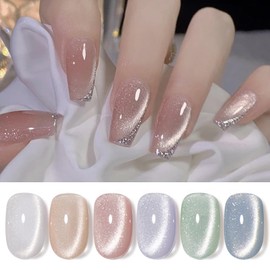 Born Pretty Born Pretty Cat Magnetic Eye Gel Nail Polish, Holographic Glitter Milky Jelly Cat Magnetic Gel Pastel Blue Green Purple Pink Nude Silver Nail Art Gel Manicure Salon DIY Gifts 7ML 6PCS