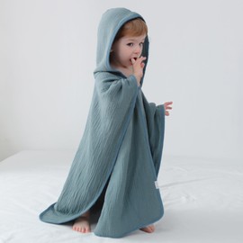 LAT Baby Bath Towel with Hood, 100% Cotton Muslin Baby Hooded Bath Towel, Soft and Absorbent Hooded Poncho Towel for Babies Toddlers, 23.6 * 23.6 inch (Blue)