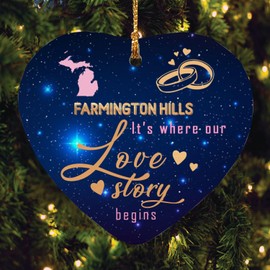 Farmington Hills Michigan Ornament - Farmington Hills Michigan It's Where Our Love Story Begins - Gifts for Wedding Anniversaries and Love Days, Valentines Ornament Heart 3 Inch Plastic