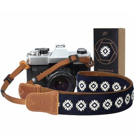 Padwa Lifestyle Camera Strap - 1.5" Crazy Horse Cowhide Head Cotton Strap,Vintage Embroidery Camera Straps for Photographers and All Cameras,Cute Adjustable Shoulder Neck Strap for Adults & Kids